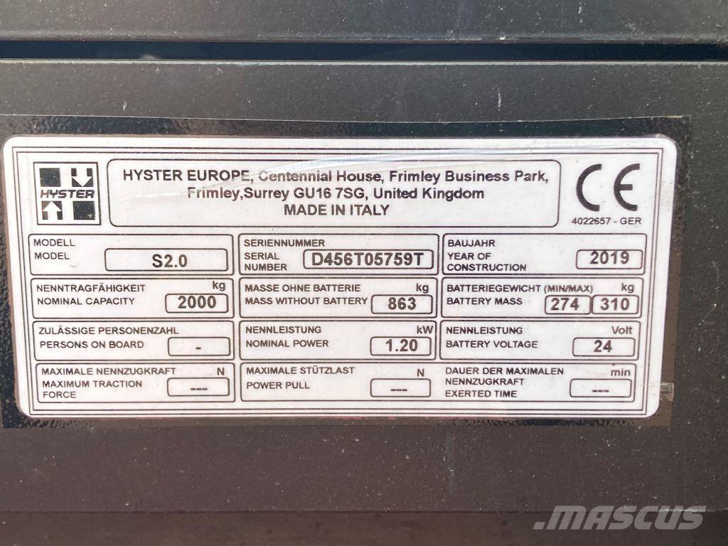 Hyster S 2.0 Pedestrian stacker