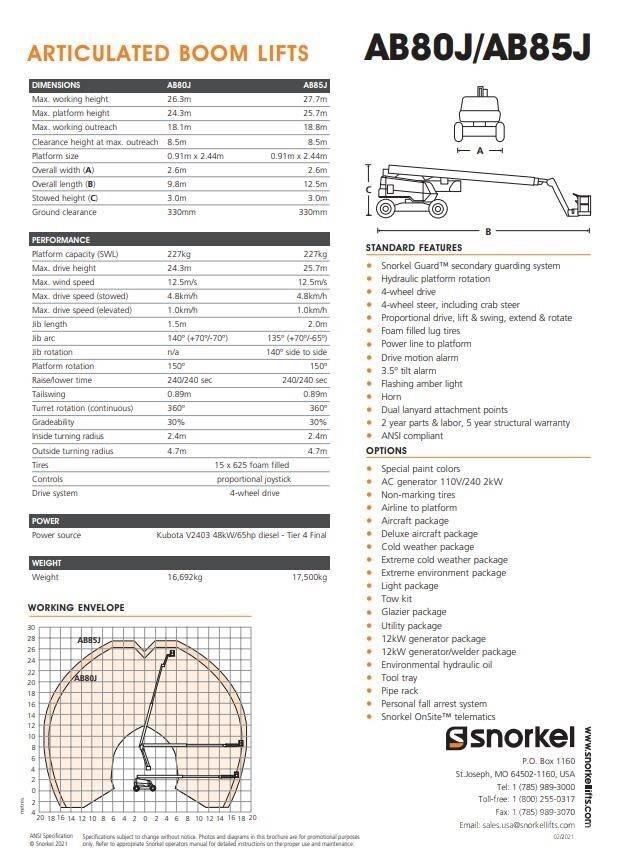 Snorkel AB85J Articulated boom lifts